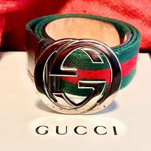 Men’s Gucci Logo Silver Interlocking G Fabric Belt